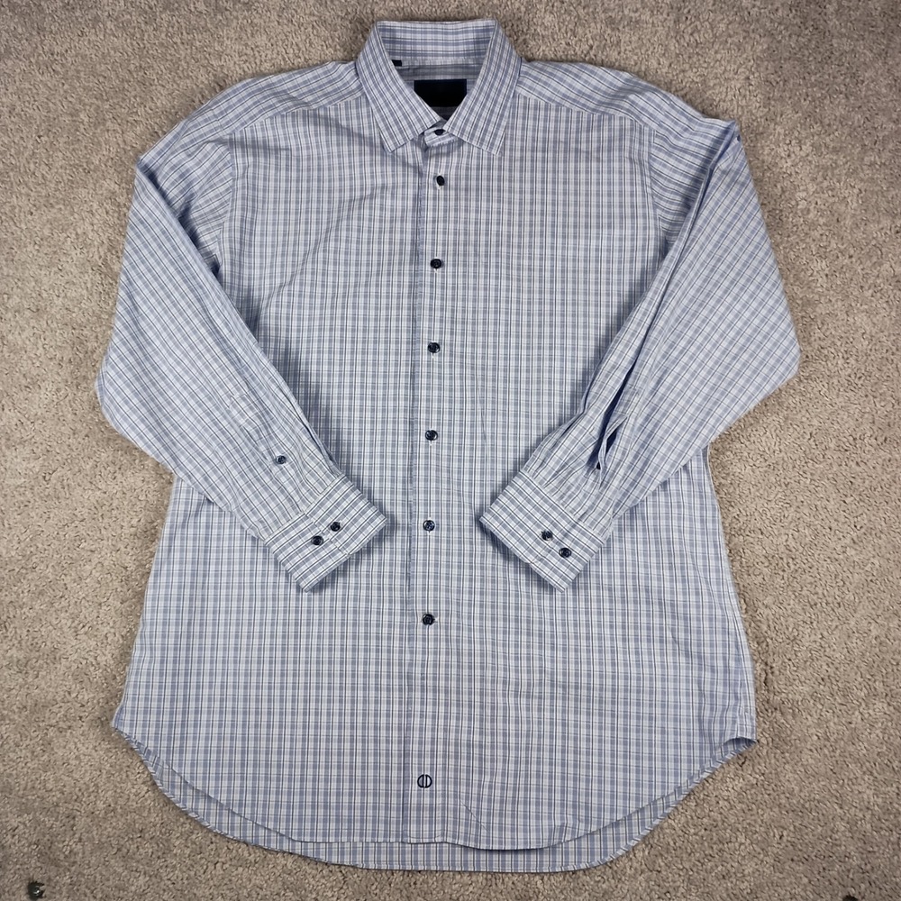 David Donahue 17 32/33 Mens Blue White Plaid Cotton Button Down Dress Shirt - Picture 2 of 11